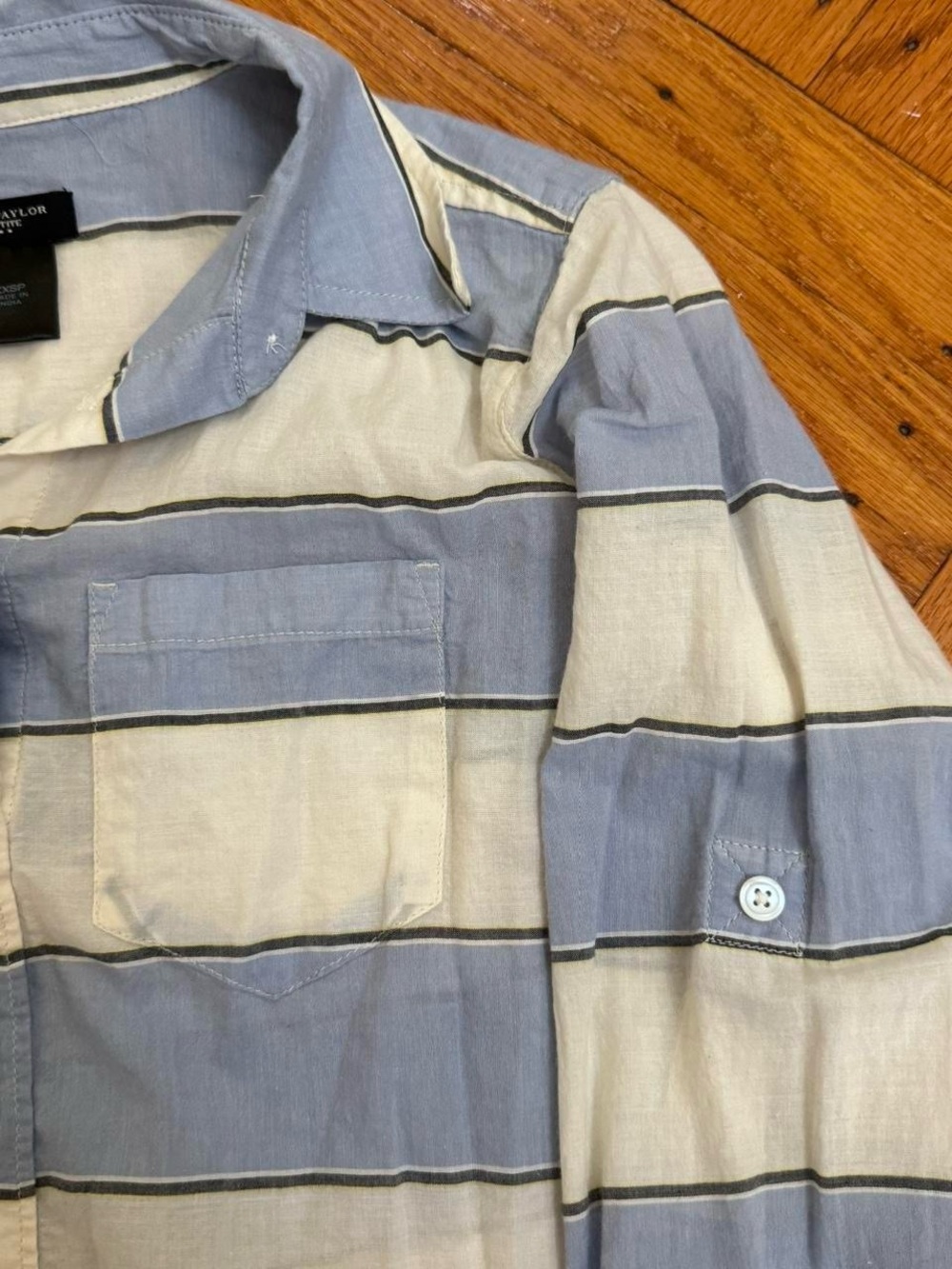ann taylor blue and white horizontal striped button down dress shirt